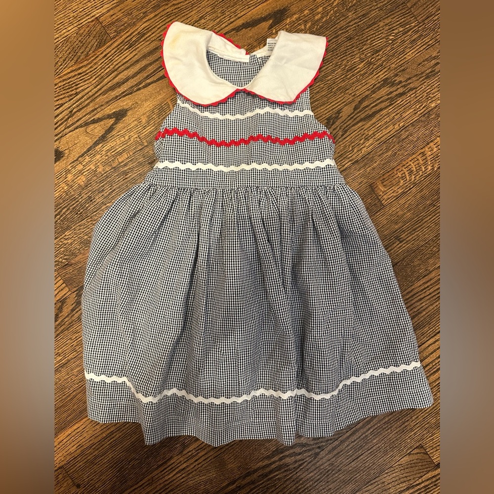 Girls Black Gingham Dress with White Peter Pan Collar and Red Trim